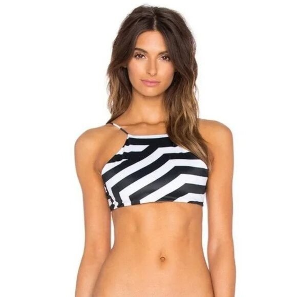 Tavik Size XS Black And White Stripe Cabana Ryan Sport Bikini Top Swim High Neck - Picture 1 of 6